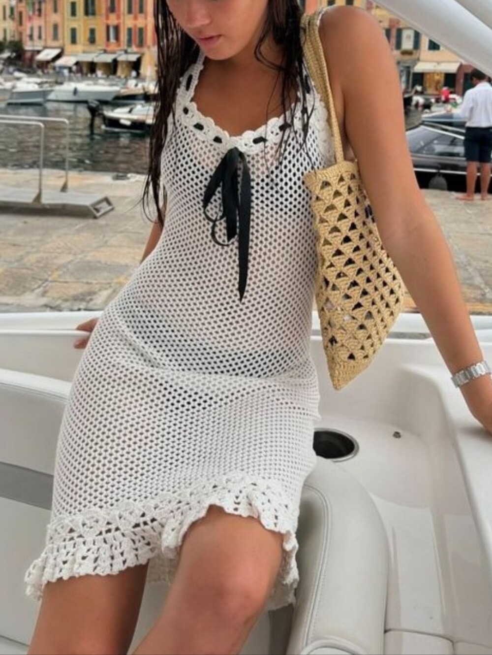 White Crochet Tank Dress with Black Tie Accent - Picture 6 of 7
